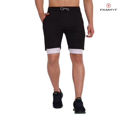 2 in 1 Layered shorts - with towel Loop and back zip - Bold Black