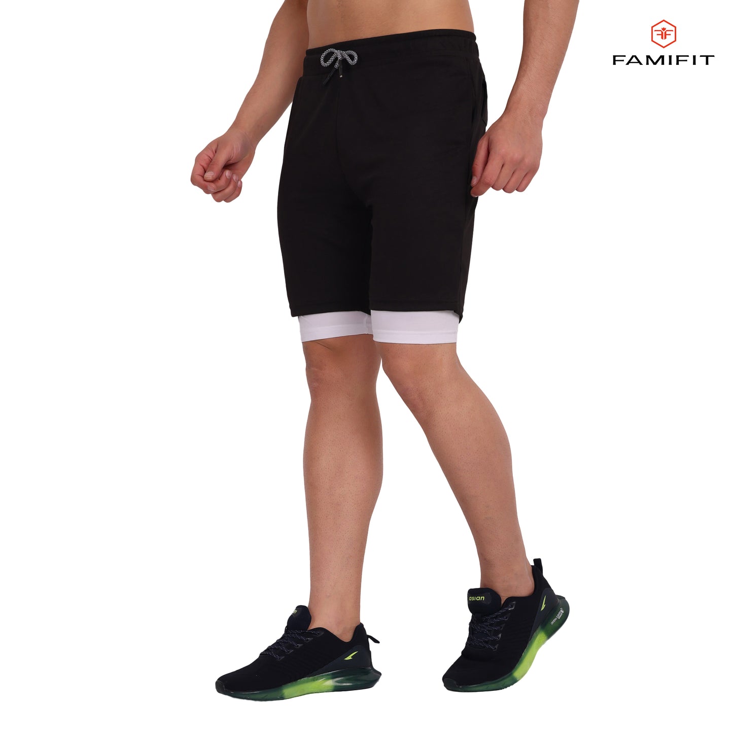 2 in 1 Layered shorts - with towel Loop and back zip - Bold Black