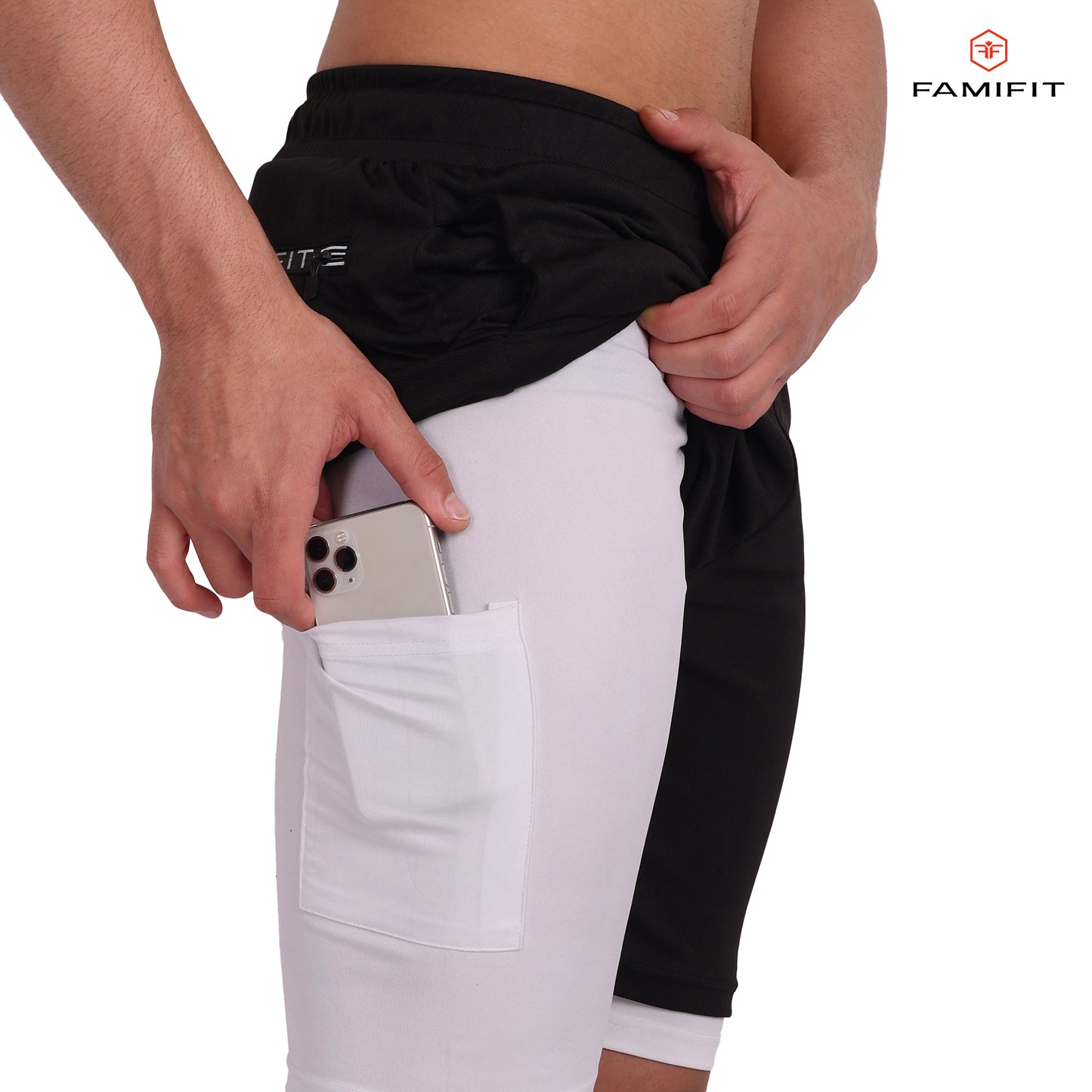FamiFit 2-in-1 Multifunctional Knee-Length Workout Shorts for Men