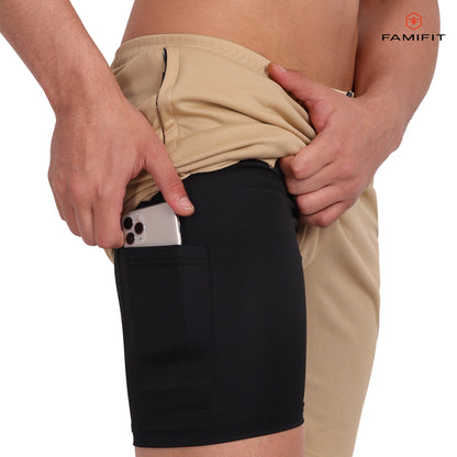 FamiFit 2-in-1 Multifunctional Knee-Length Workout Shorts for Men