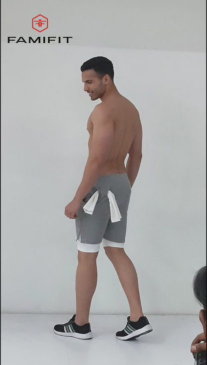 2 in 1 Layered shorts - with towel Loop and back zip - Silver Grey
